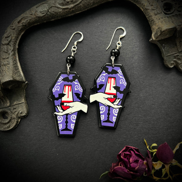Hand and Wine Coffin Earrings with Sterling Silver and Black Onyx