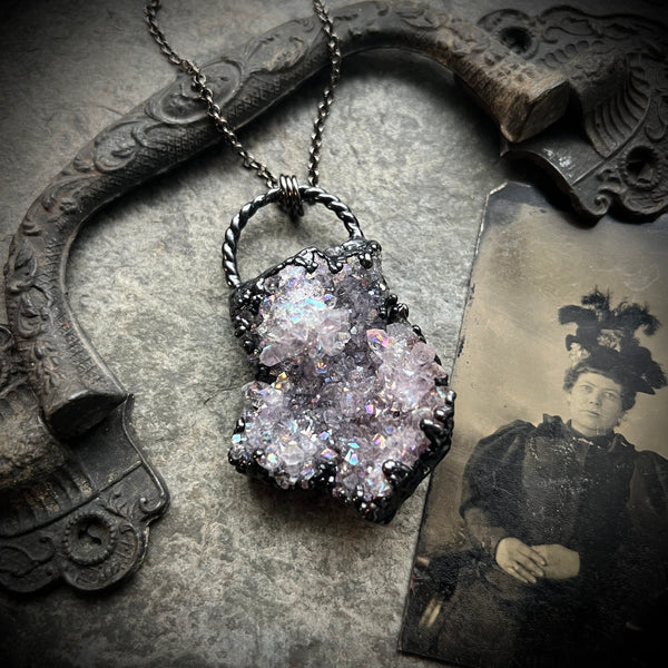 Aura Amethyst Cluster Necklace with Gunmetal Patina