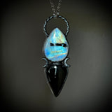 Celestial Rainbow Moonstone and Black Tourmaline Necklace with Gunmetal Patina