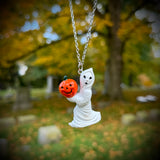 ***DISCOUNTED*** Hand Painted Ghost Holding a Jack O’Lantern Blow Mold Necklace *Varnish Coated*