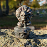 Double Sided Carved Stone Daisy Skull Statue