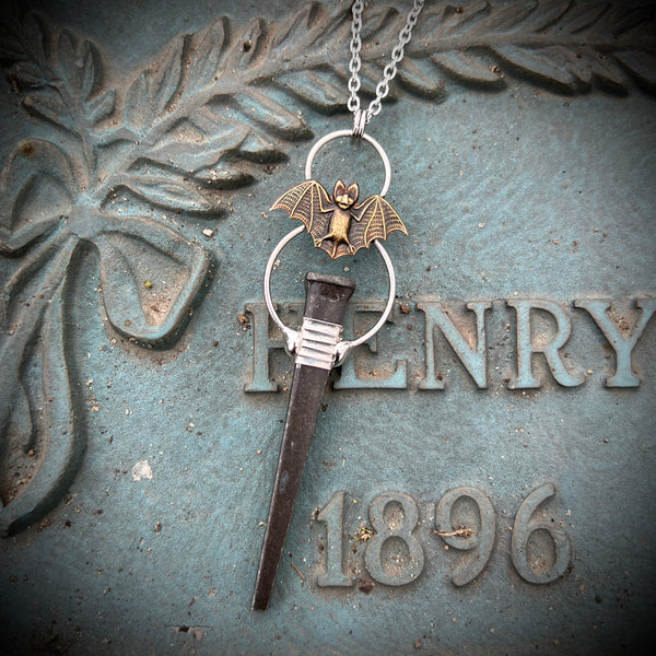 Coffin Nail Necklace with Brass Bat