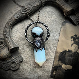 Opalite, Aquarmarine, and Druzy Agate Necklace with Gunmetal Patina