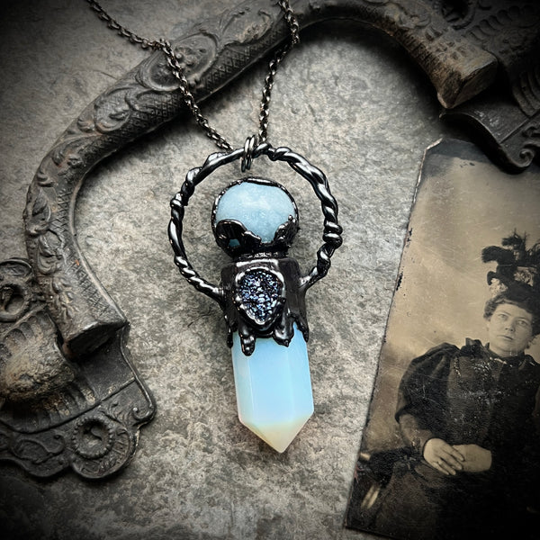 Opalite, Aquarmarine, and Druzy Agate Necklace with Gunmetal Patina