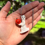 Hand Painted Ghost Holding a Jack O’Lantern Blow Mold Necklace *Resin Dipped*