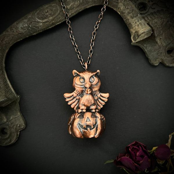 Vintage Blow Mold Owl Sitting on a Jack O’ Lantern Necklace