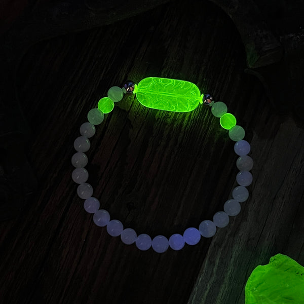Uranium Glass and Rainbow Moonstone Bracelet with Sterling Silver