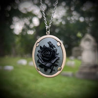 Black Rose on Gray Background Cameo Necklace