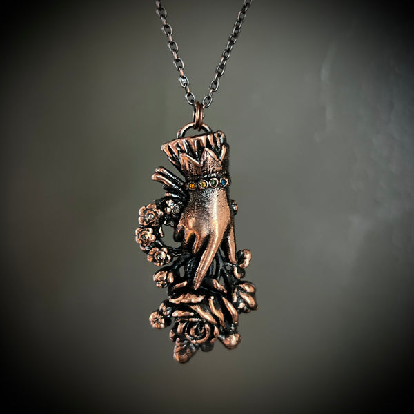 Sentimental Hand Holding Roses with Rainbow Crystals Copper Necklace