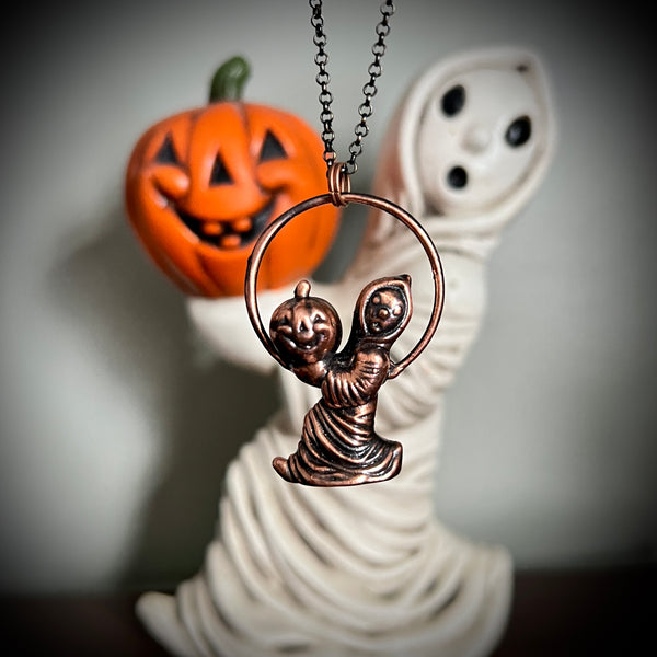 Vintage Halloween Ghost Holding a Jack O’ Lantern Necklace