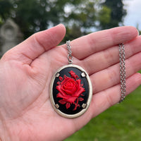 Red Rose on Black Background Cameo Necklace