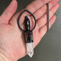 Jesus on Crackle Quartz and Garnet and Black Onyx Necklace with Gunmetal Patina