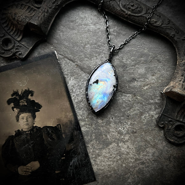 Rainbow Moonstone Necklace with Gunmetal Patina (B)