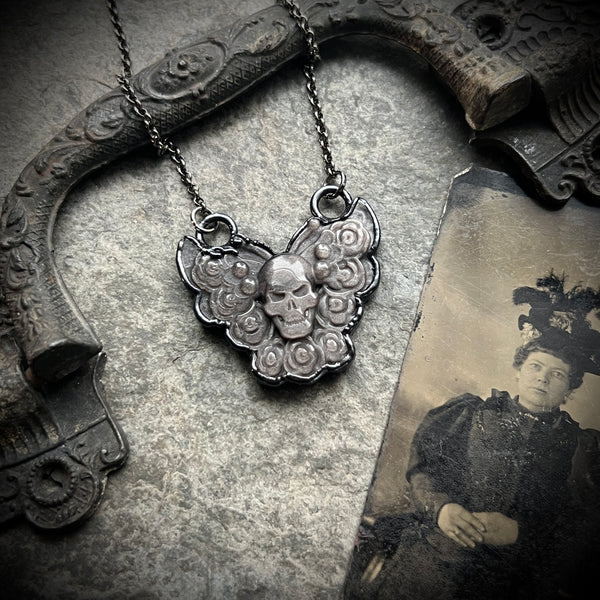 Sheen Obsidian Winged Skull Necklace with Gunmetal Patina