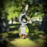 Poe Celestial Burial Plot Necklace with Yellow Background, Uranium Glass, and Gunmetal Patina *Mockingbird Lane Exclusive*