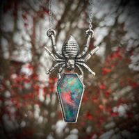 Aurora Opal Coffin with Spider Fine Silver Necklace - Glows in the Dark