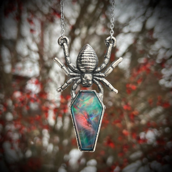 Aurora Opal Coffin with Spider Fine Silver Necklace - Glows in the Dark