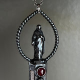 Jesus on Crackle Quartz and Garnet and Black Onyx Necklace with Gunmetal Patina