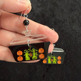 Witches and Pumpkins Pyrex Style Earrings with Black Onyx