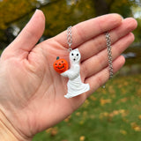Hand Painted Ghost Holding a Jack O’Lantern Blow Mold Necklace *Varnish Coated*