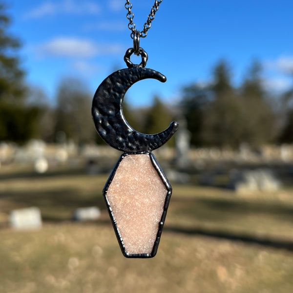 Celestial Pink Amethyst Coffin Necklace with Gunmetal Patina