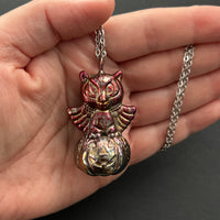*Rainbow Patina* Vintage Blow Mold Owl Sitting on a Jack O’ Lantern Necklace *OOAK*