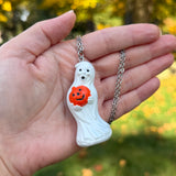 ***DISCOUNTED*** Hand Painted Ghost Holding a Jack O’Lantern Blow Mold Necklace *Varnish Coated*