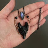 Black Obsidian Wolf Necklace with Purple Labradorite and Black Onyx