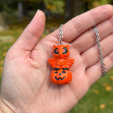 Hand Painted Owl on a Jack O Lantern Blow Mold Necklace *Varnish Coated*
