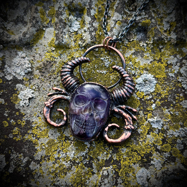 Horned Amethyst Skull Copper Necklace