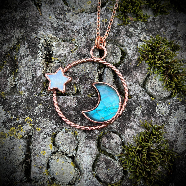 Labradorite Moon and Rainbow Moonstone Star Copper Necklace