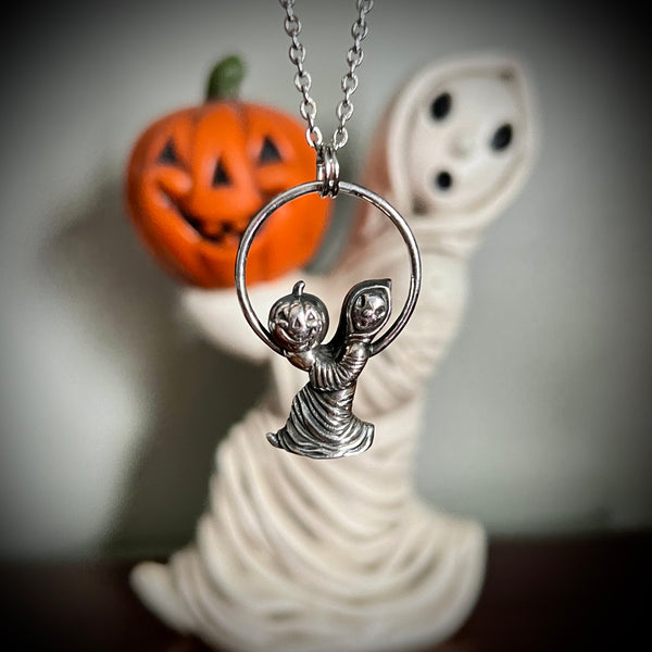 Sterling Silver Mini Vintage Halloween Ghost Holding a Jack O’ Lantern Necklace