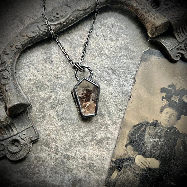 Coffin Shape Garden Quartz Necklace with Gunmetal Patina