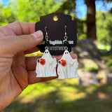 Hand Painted Boyd Ghost Holding a Jack O’Lantern Blow Mold Earrings with Sterling Silver and Black Onyx
