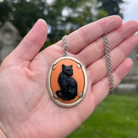 Black Cat on Orange Background Cameo Necklace