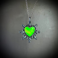 Tiny Uranium Glass Heart Necklace with Gunmetal Patina