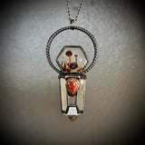 Mushroom, Quartz and Goldstone Necklace with Gunmetal Patina