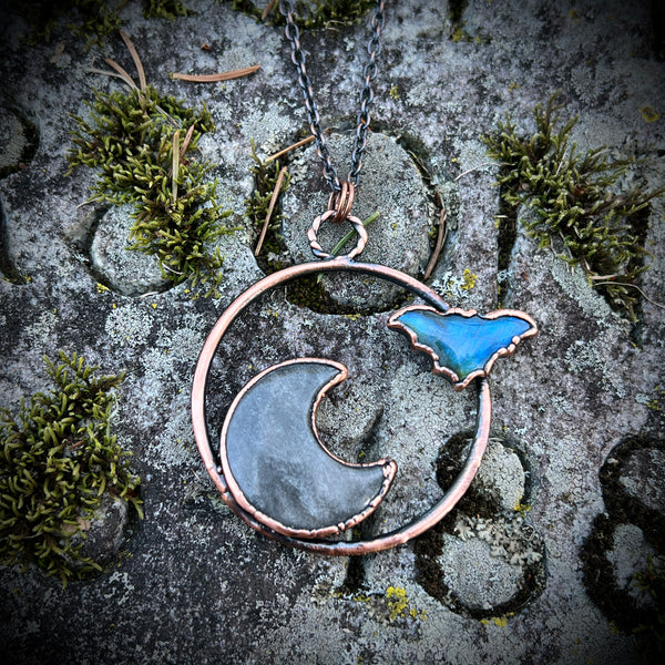 Silver Sheen Obsidian Moon and Labradorite Bat Copper Necklace