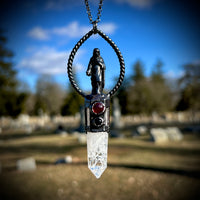 Jesus on Crackle Quartz and Garnet and Black Onyx Necklace with Gunmetal Patina