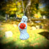 ***DISCOUNTED*** Hand Painted Ghost Holding a Jack O’Lantern Blow Mold Necklace *Varnish Coated*