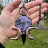 Large Charoite, Black Obsidian, and Amethyst Triple Moon Copper Necklace