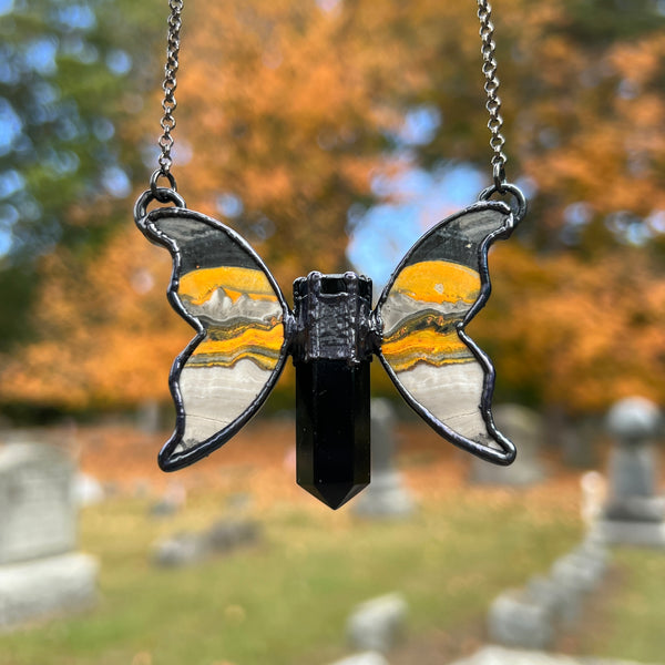 Bumblebee Jasper and Black Obsidian Butterfly Necklace