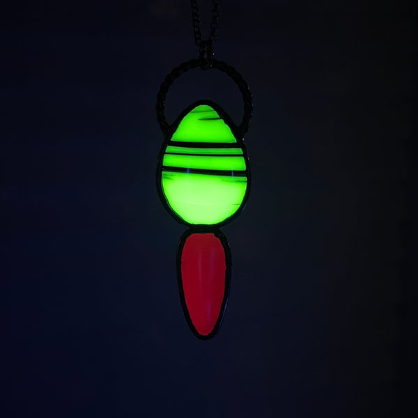 Marble King Uranium Glass and Ruby Necklace with Gunmetal Patina