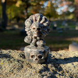 Double Sided Carved Stone Daisy Skull Statue