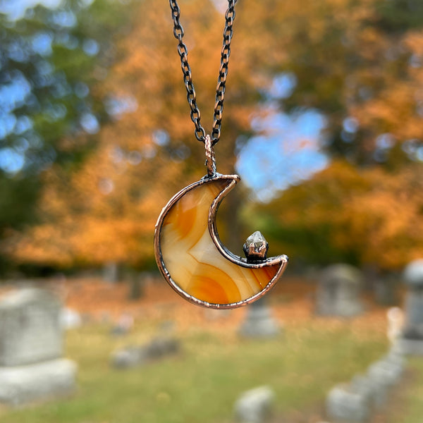 Carnelian Moon Necklace with Quartz