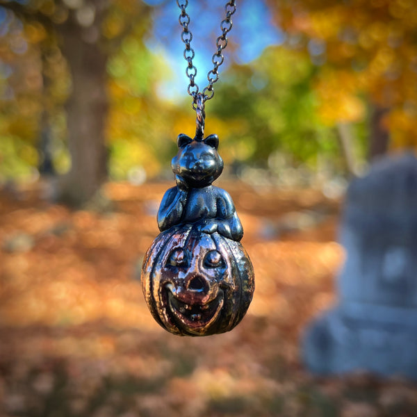 ***PRE-ORDER***Cat on a Jack O’Lantern Copper Blow Mold Necklace