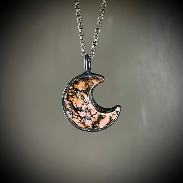 Rhodonite Moon Necklace with Gunmetal Patina