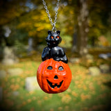 Large Hand Painted Cat on a Jack O Lantern Blow Mold Necklace *Varnish Coated*