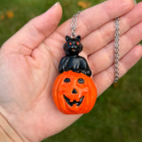 Large Hand Painted Cat on a Jack O Lantern Blow Mold Necklace *Varnish Coated*