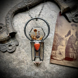 Mushroom, Quartz and Goldstone Necklace with Gunmetal Patina
